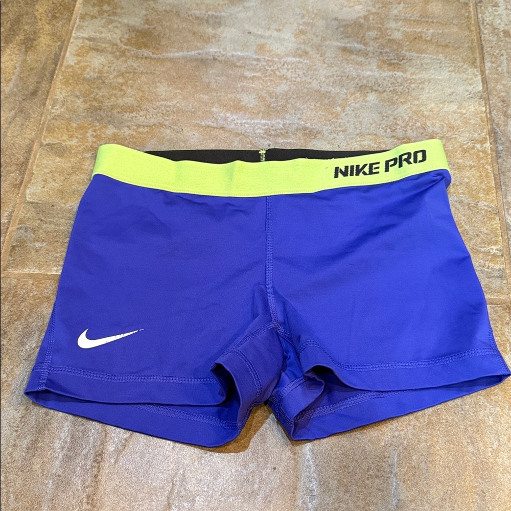 Nike Pro Royal Blue Shorts with Neon Yellow Waistband - Picture 1 of 3
